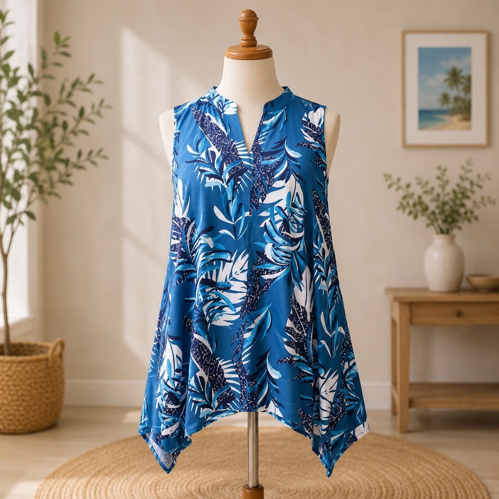 NWT Attitudes by Renee Sharkbite Tunic Women SP Blue Tropical Palm Sleeveless